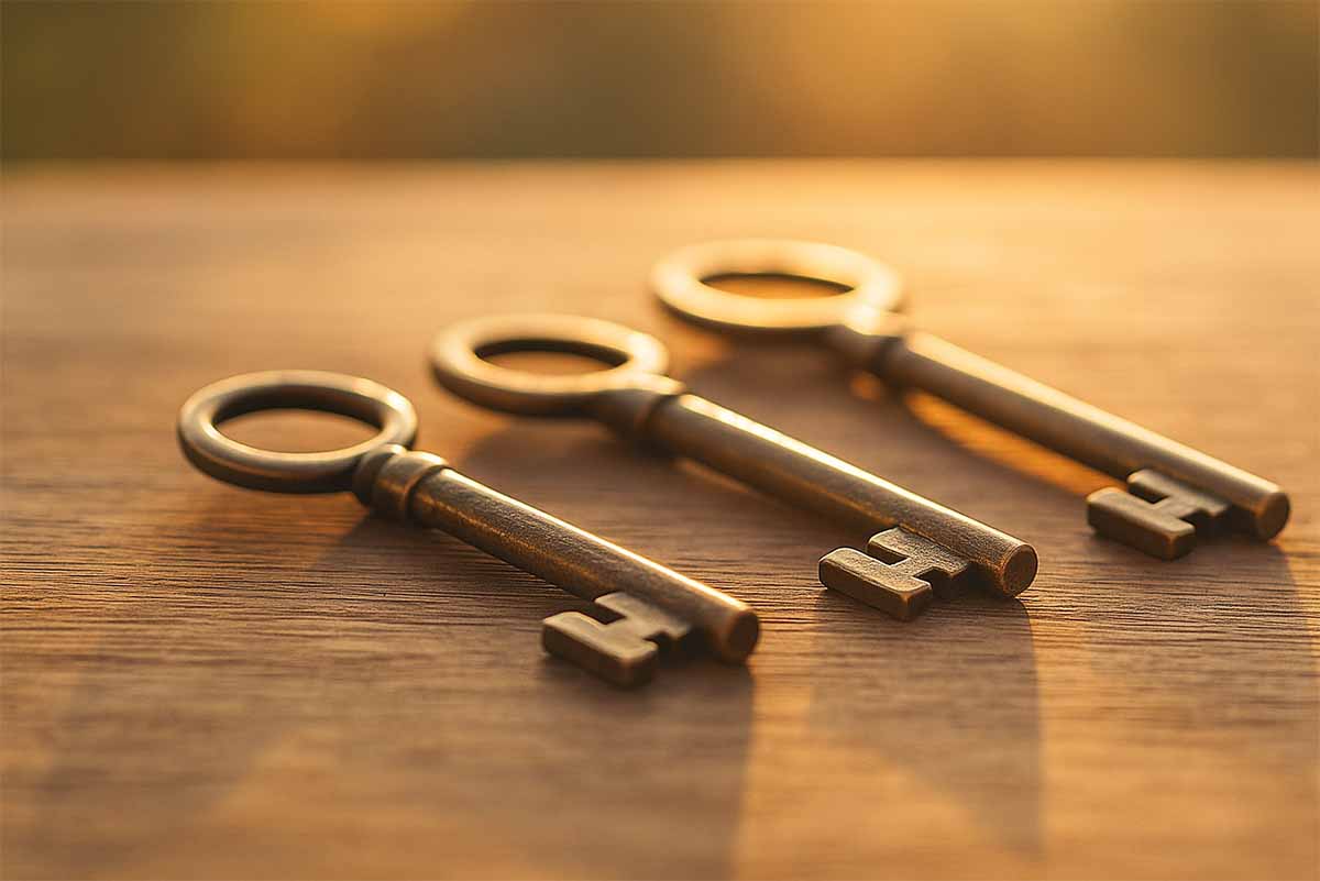 three keys on a wood table